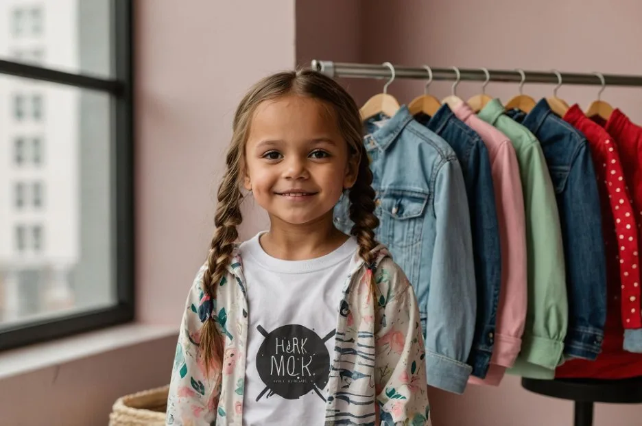 Colorful children's clothing size tags and labels showing different sizing systems