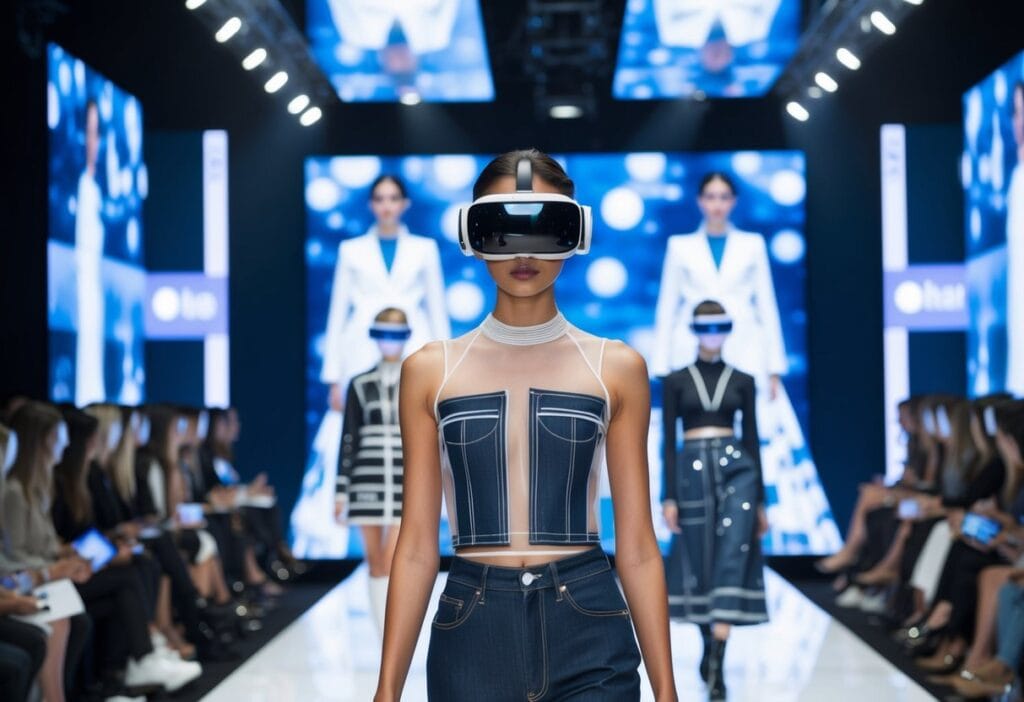 A futuristic fashion show with holographic displays and virtual reality headsets, as models showcase garments inspired by social media trends