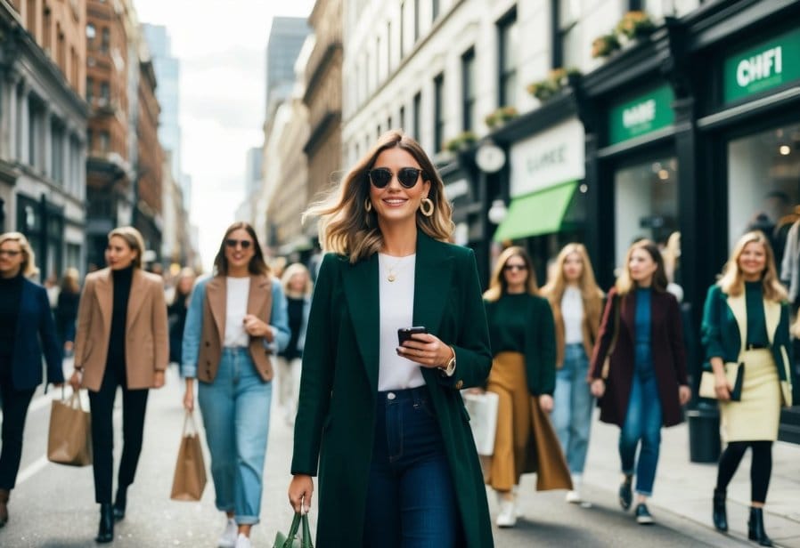 A bustling city street with stylish, eco-friendly clothing shops, and influencers promoting sustainable fashion on social media