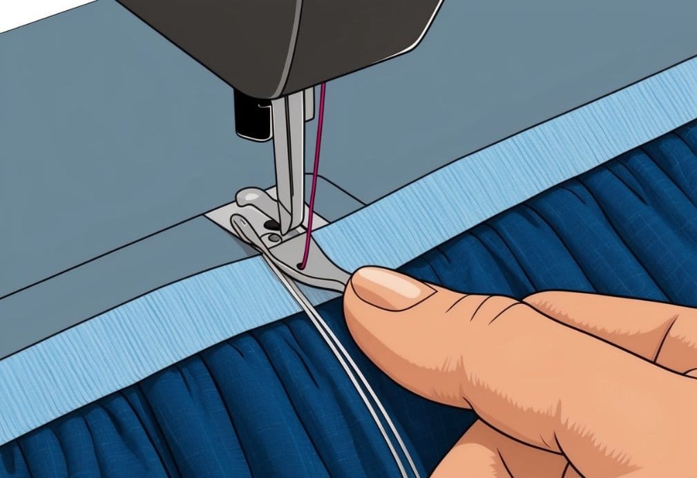 A sewing needle and thread pass through a folded piece of fabric, creating a neat hem