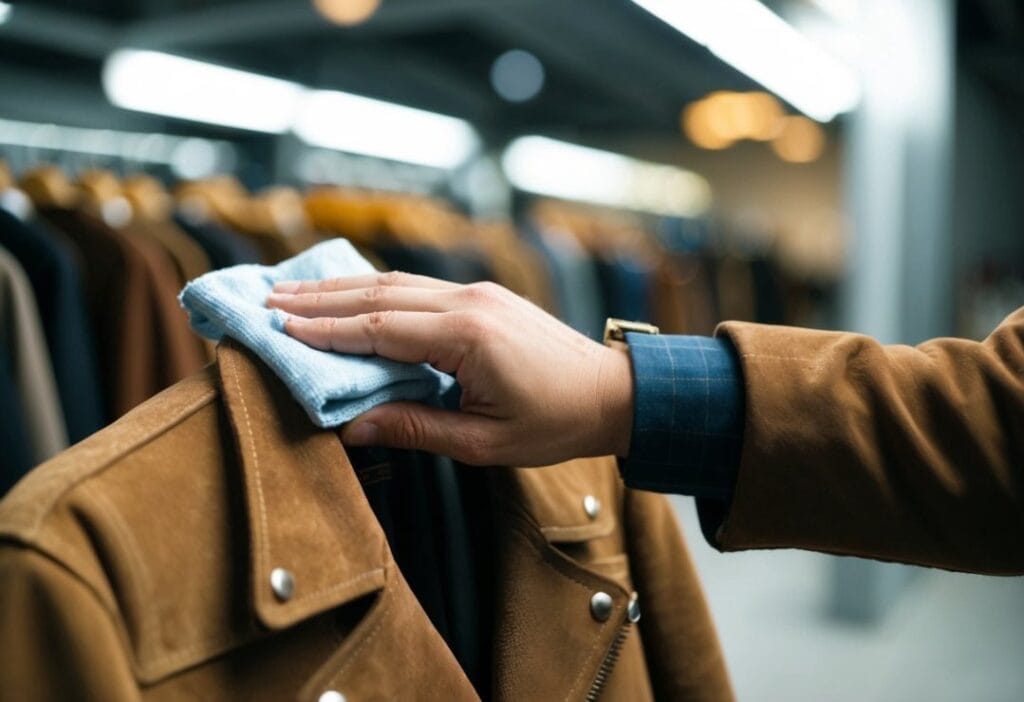 A hand with a soft cloth gently wiping down a suede jacket, while a brush is used to remove dirt from a leather coat
