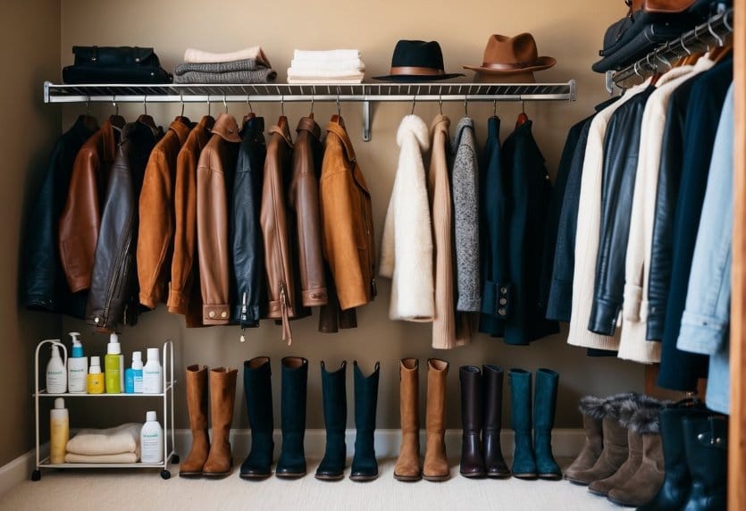 A cozy closet filled with leather and suede jackets, boots, and accessories. A shelf holds seasonal care products while a garment rack displays long-term care items