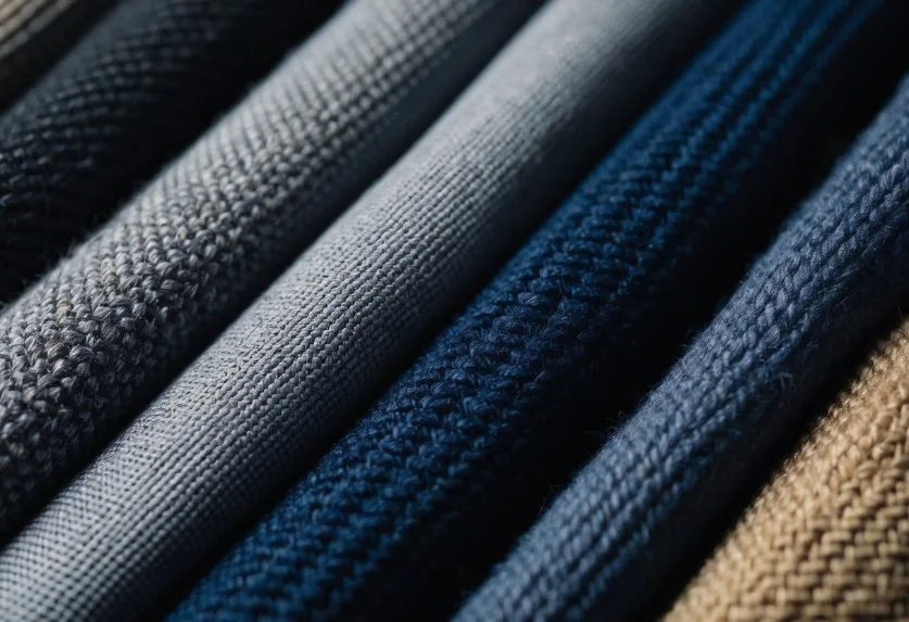 A close-up of various fabric weaves and knit patterns, showcasing their durability for everyday wear