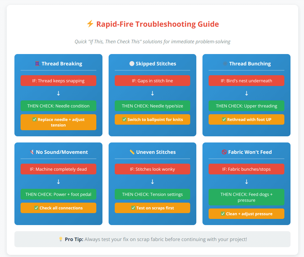 Rapid-fire sewing machine troubleshooting flowchart with if-this-then-check-this solutions