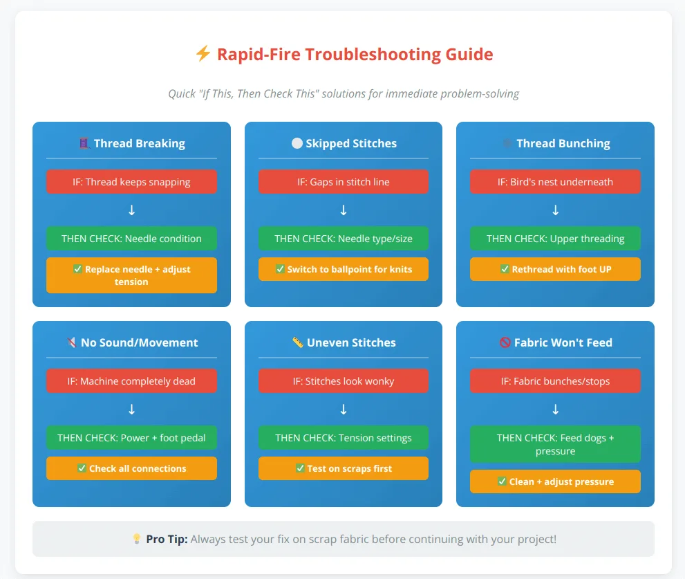 Rapid-fire sewing machine troubleshooting flowchart with if-this-then-check-this solutions