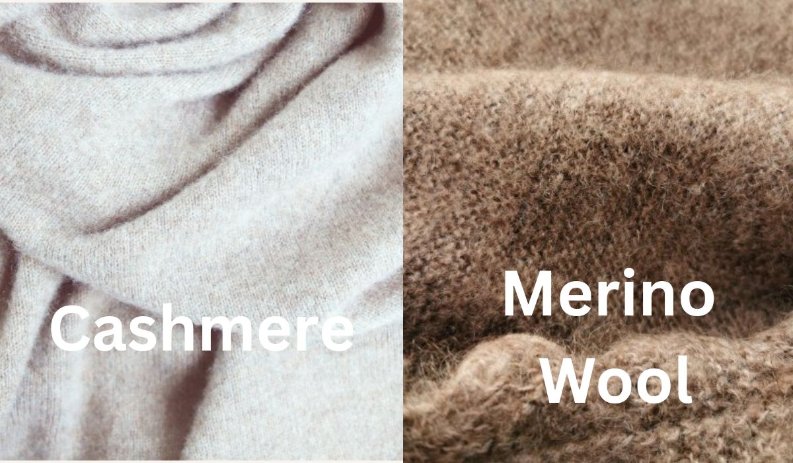 Different sweater materials comparison showing cashmere, wool, cotton and synthetic fibers