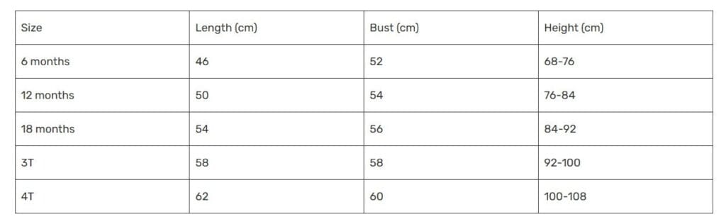 baby and toddler clothes size chart