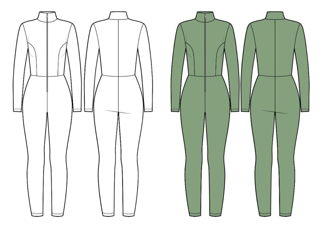 Jersey sport jumpsuit with zipper technical sketch