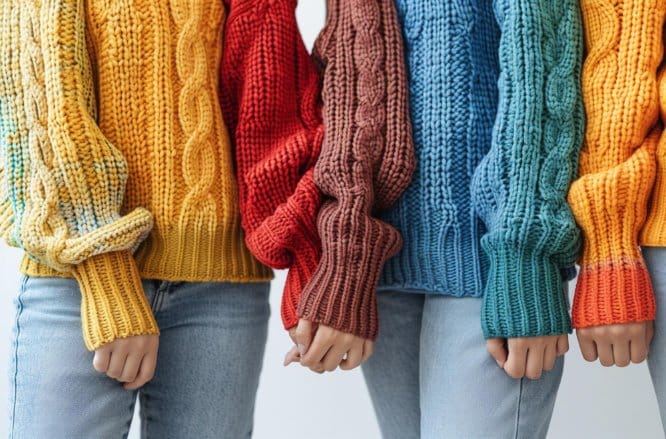 A group of women wearing knitted sweaters in multiple colors