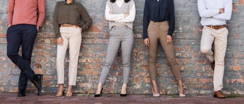 men and women posing wearing pants and trousers
