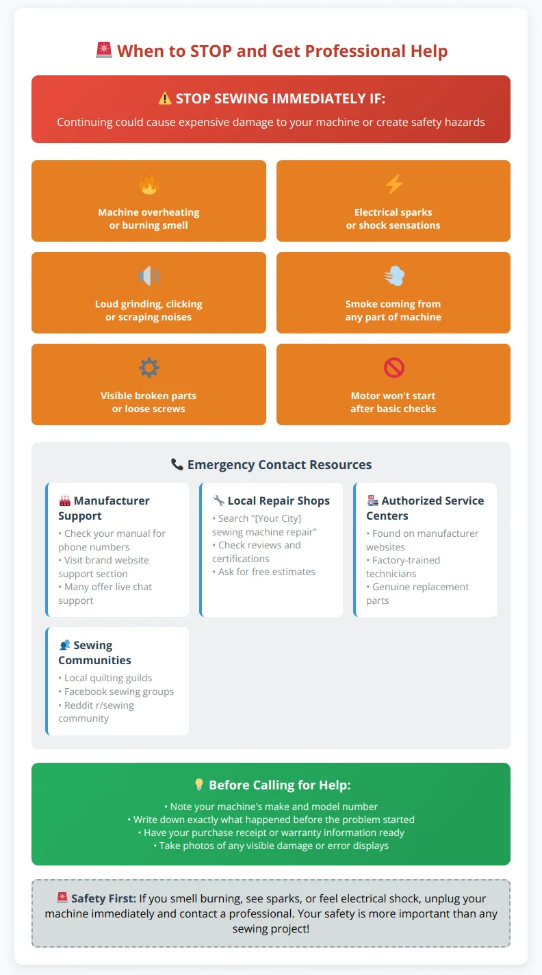 Emergency contact guide showing when to stop sewing and get professional help