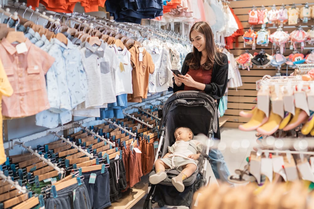 A mother with her son shopping in the mall while calling on phone
