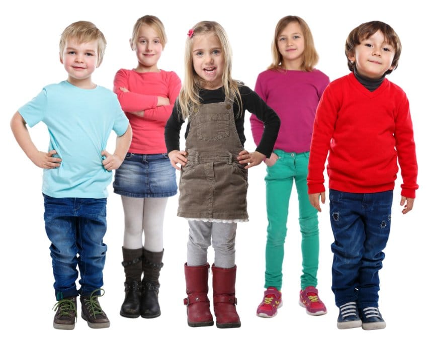 A group of little boys and girls wearing different outfits