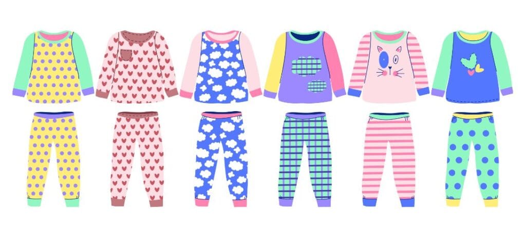 Girl pajamas set in various styles, colours and patterns