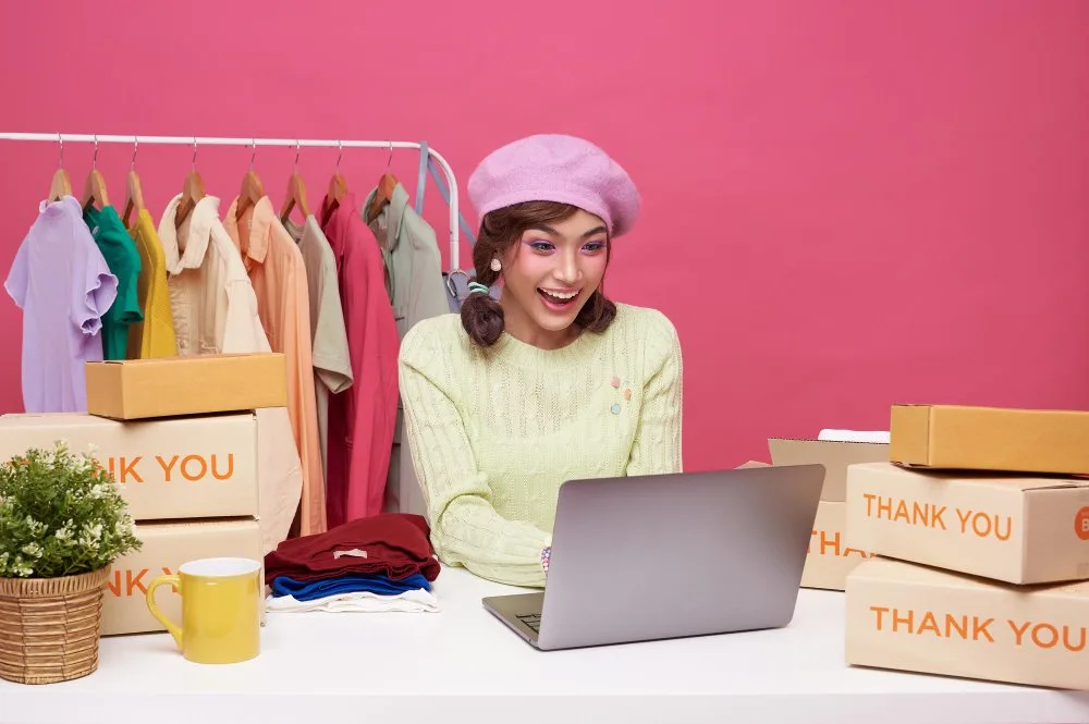 A woman interacting online on online kids clothing community