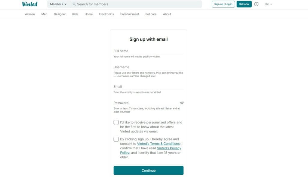 Vinted seller's account setup page