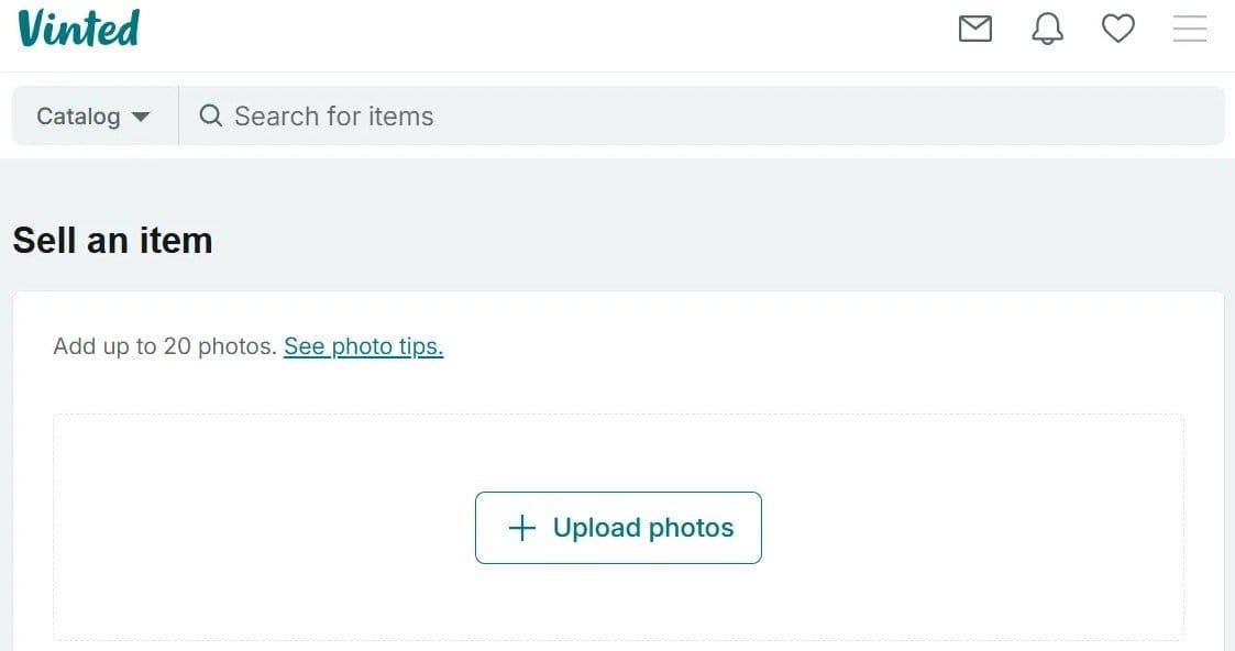 Vinted sell an item page with option to upload photos for a new listing