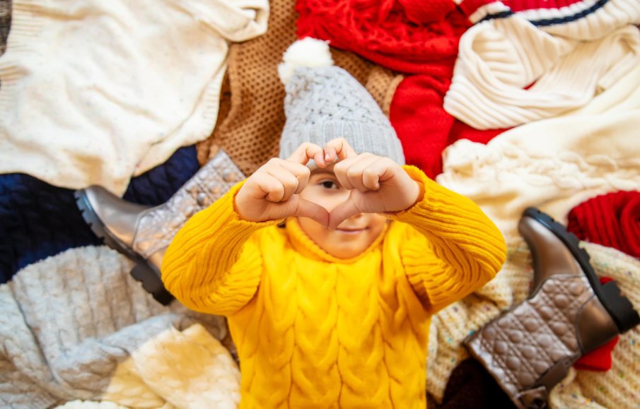 Seasonal toddler clothing arranged by weather needs including summer and winter items