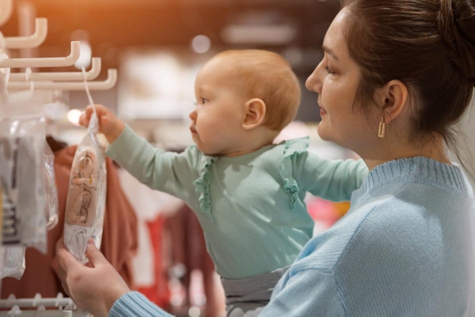 Mother holding baby while reviewing clothing tags and sizing information in a store