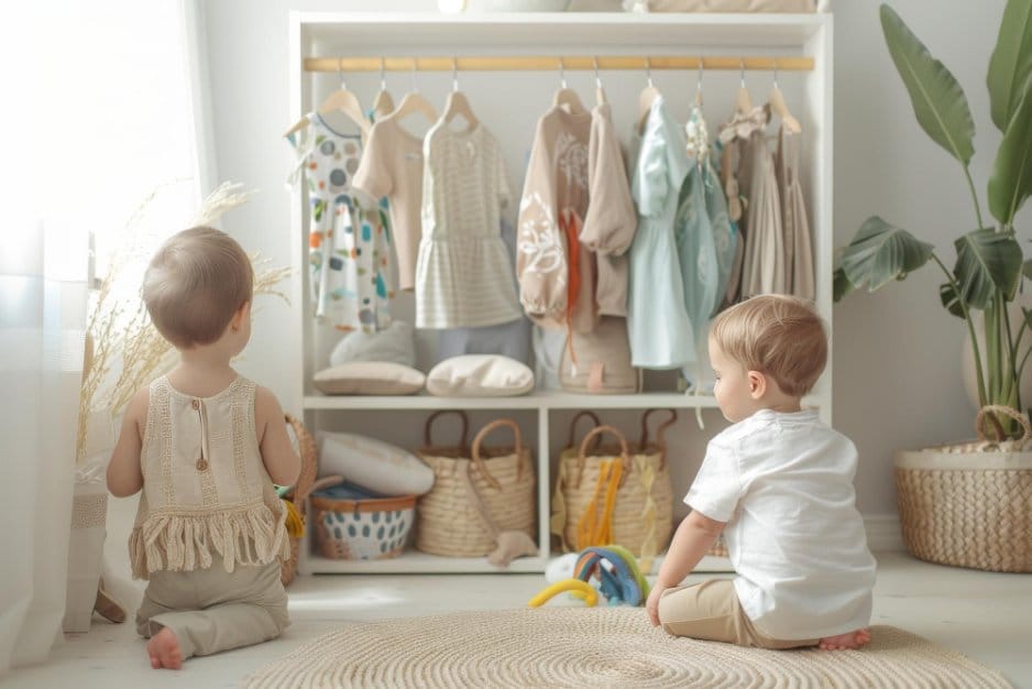 Two little toddlers in front of a clothing rack