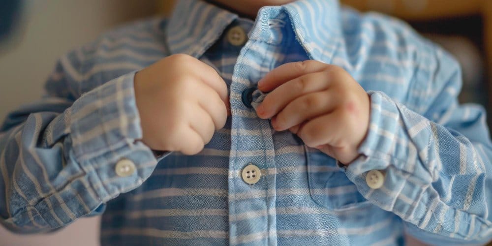 Little boy attempting undo a button on his shirt