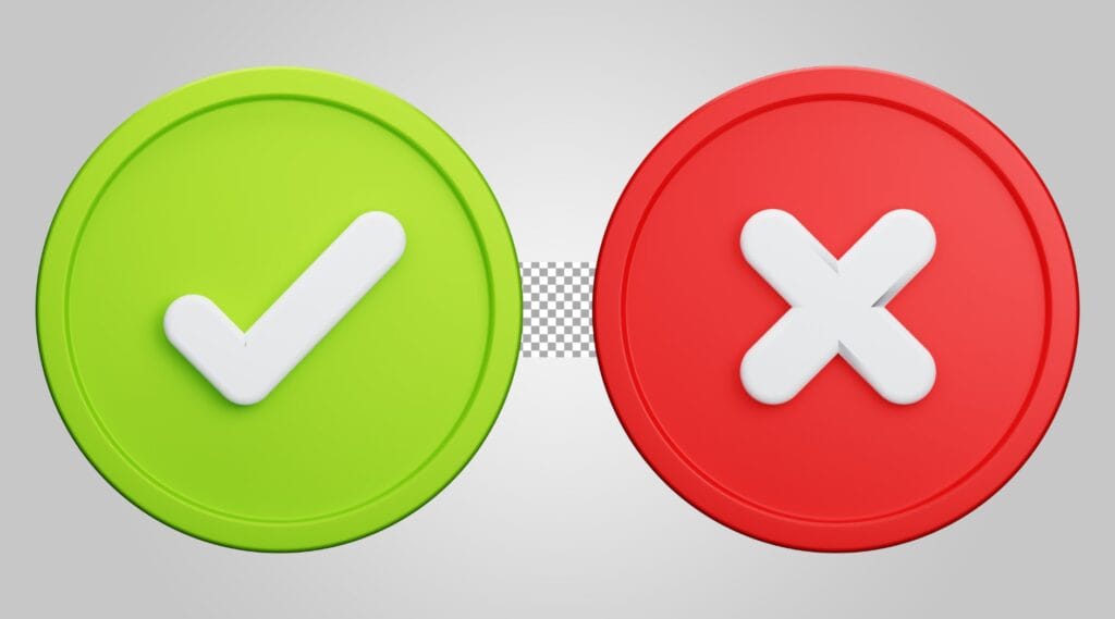 Green circular button with a white checkmark next to a red circular button with a white cross on a light background, symbolizing pros and cons of eBay and Vinted