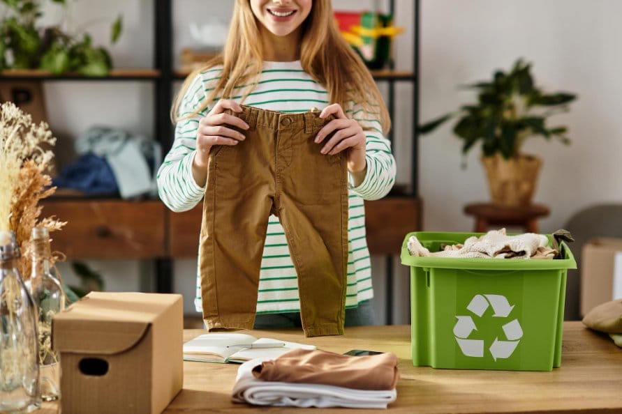 Young woman embraces sustainable fashion by sorting and recycling used toddler clothes at home