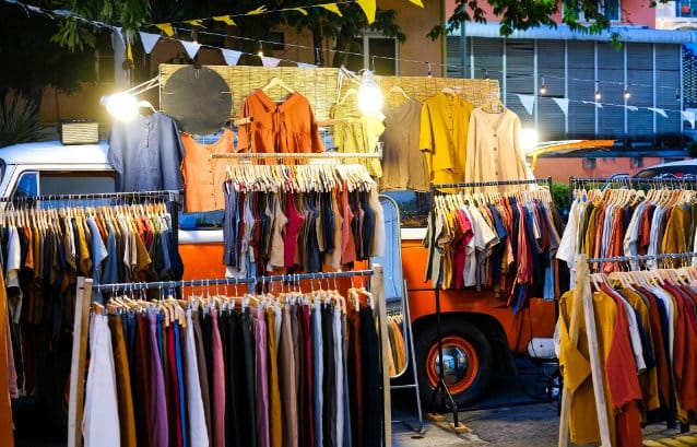 A local consignment shop filled with racks of gently used clothes