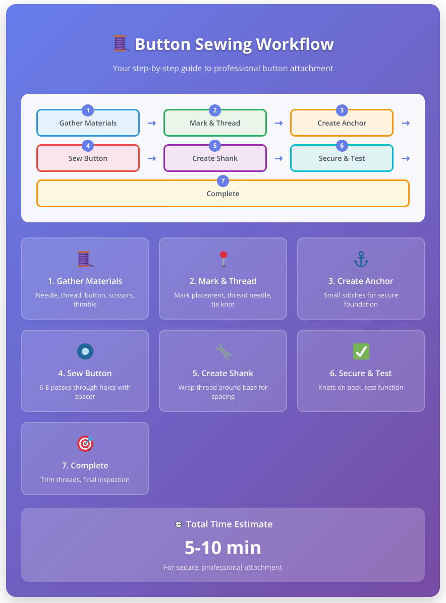 Seven-step button sewing workflow chart showing the complete process from gathering materials through final testing, with time estimates and detailed descriptions for each stage