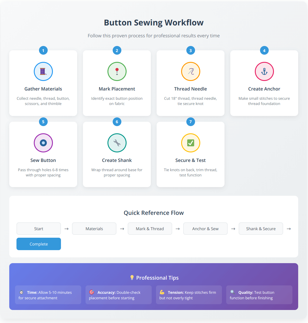 Step-by-step button sewing workflow diagram showing 7 stages from gathering materials through testing the finished button, with professional tips and time estimates for each step