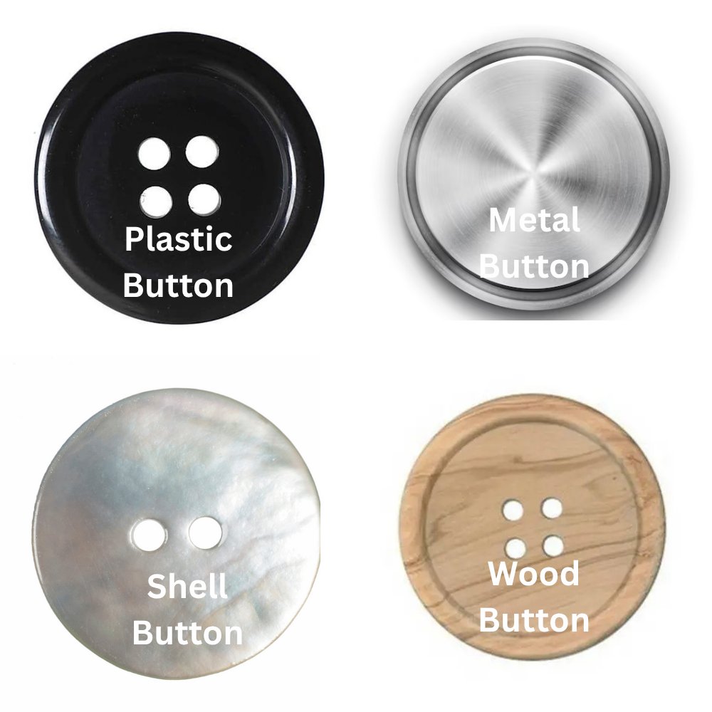 Comparison of different button types including plastic, metal, shell, wood, and shank buttons
