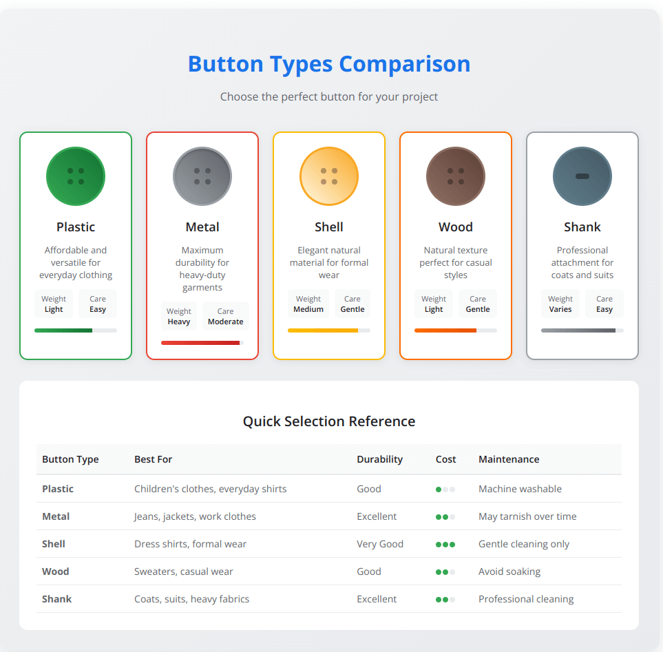 Visual comparison of five button types showing plastic buttons for everyday use, metal buttons for durability, shell buttons for formal wear, wood buttons for casual styles, and shank buttons for professional applications, with durability ratings and cost indicators