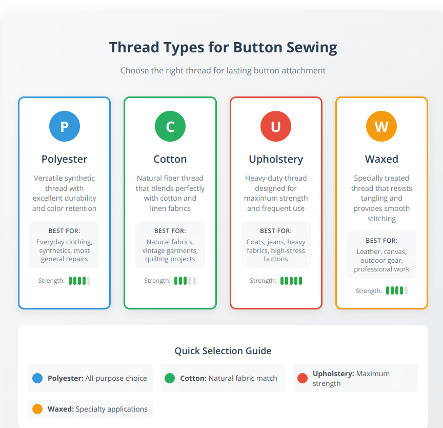 Comparison chart of four thread types for button sewing showing polyester thread for everyday use, cotton thread for natural fabrics, upholstery thread for heavy-duty applications, and waxed thread for specialty work, with strength ratings and best use recommendations