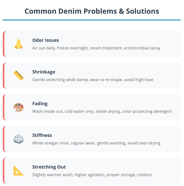 Problem-solving guide for common denim issues including odor, shrinkage, fading, stiffness, and stretching with corresponding solutions