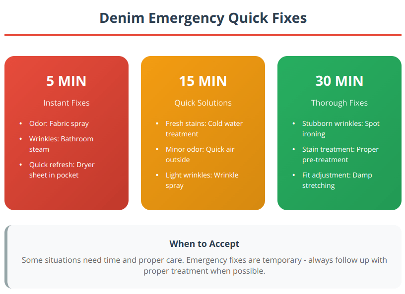 Emergency denim care guide showing 5-minute, 15-minute, and 30-minute solutions for urgent problems like odors, wrinkles, and stains