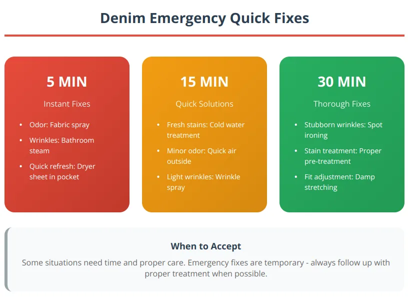 Emergency denim care guide showing 5-minute, 15-minute, and 30-minute solutions for urgent problems like odors, wrinkles, and stains