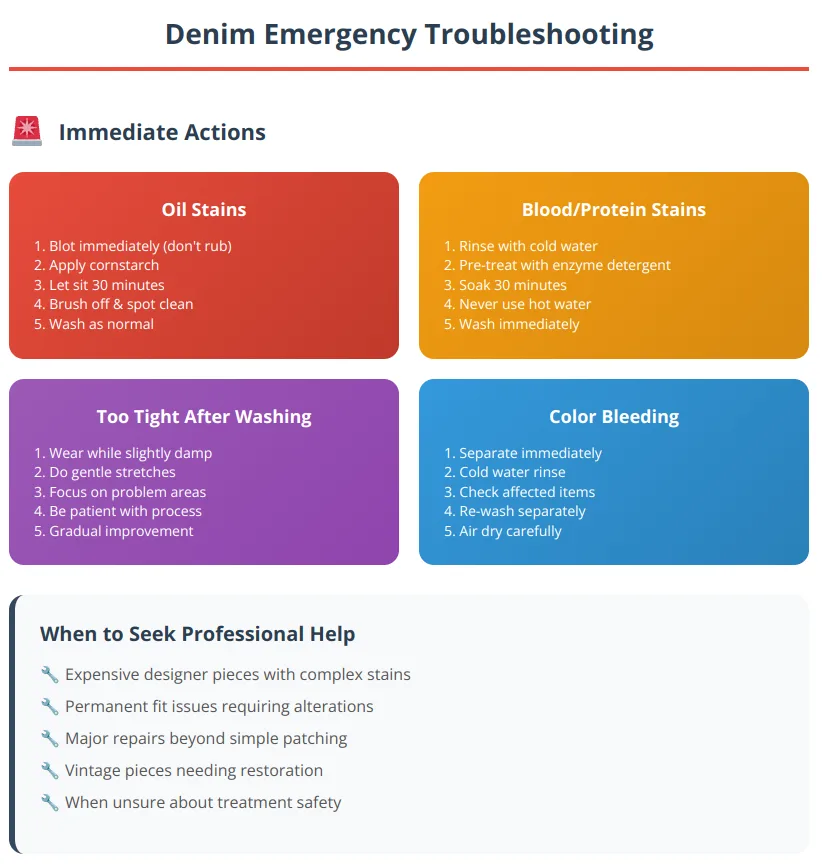 Troubleshooting flowchart for denim emergencies including stain removal, fit issues, and when to consult professionals