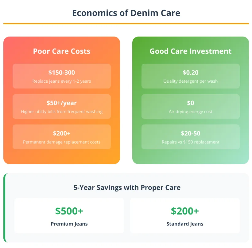 Cost analysis infographic comparing the economics of proper denim care versus poor care habits and replacement expenses
