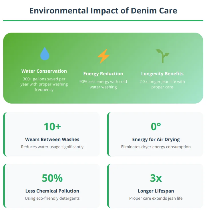 Sustainability infographic showing environmental impact of denim care choices including water conservation, energy savings, and waste reduction