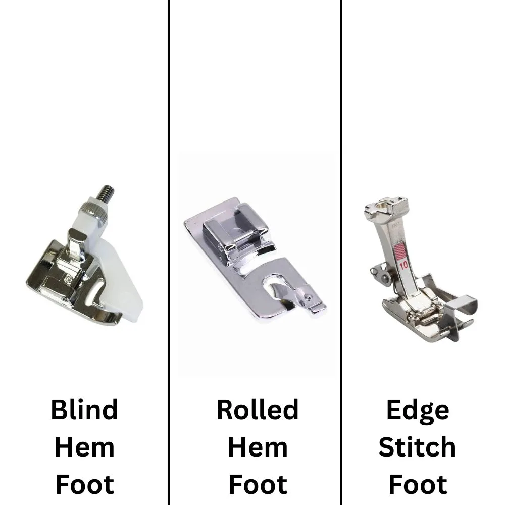 Essential Presser Feet including blind hem, rolled hem, and edge stitch foot