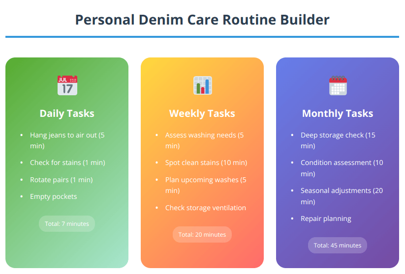 Personal care routine schedule showing daily, weekly, and monthly denim maintenance tasks with time requirements