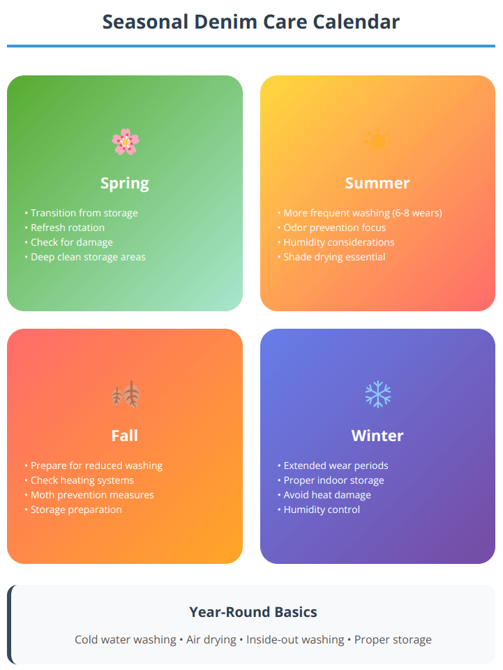 Circular seasonal guide showing how to adjust denim care practices for spring, summer, fall, and winter conditions