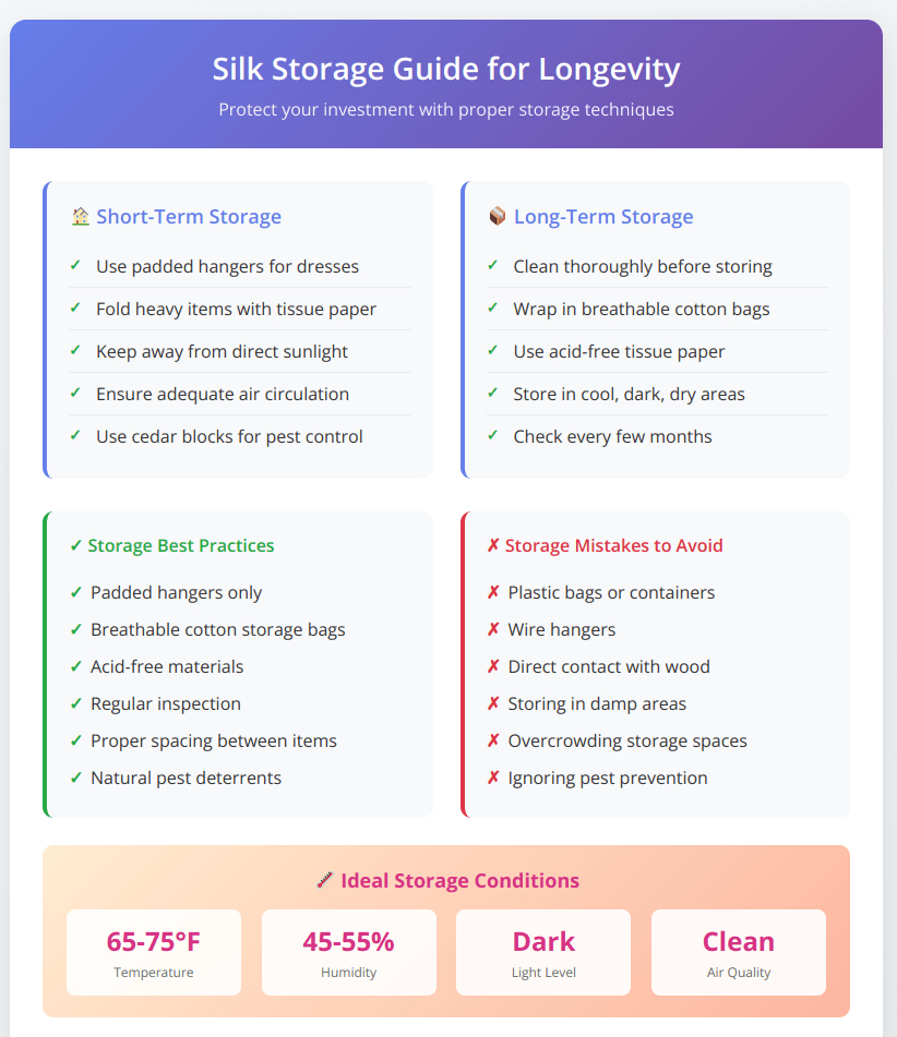 Comprehensive silk storage guide showing short-term and long-term storage methods, storage best practices versus mistakes to avoid, and ideal climate conditions including temperature range 65-75°F and humidity 45-55%
