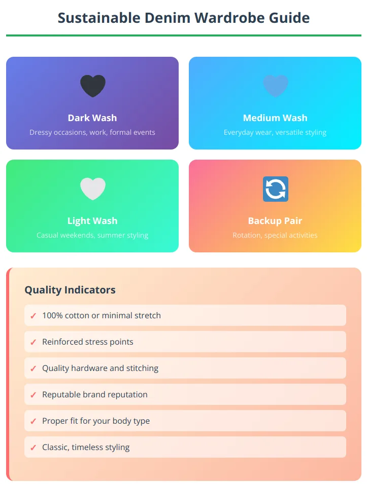 Sustainable wardrobe planning guide showing essential denim pieces, quality indicators, and rotation strategies for long-term wear