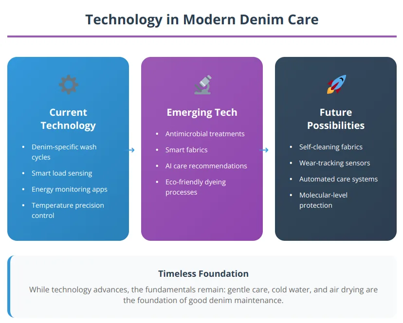 Technology timeline for denim care showing current innovations, emerging technologies, and future possibilities for fabric care