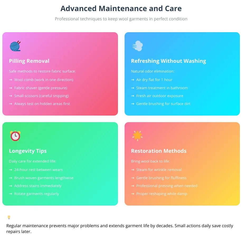 Infographic displaying four advanced wool care techniques: pilling removal with tools like wool combs and fabric shavers, refreshing methods without washing, daily longevity tips including 24-hour rest periods, and restoration methods using steam and brushing