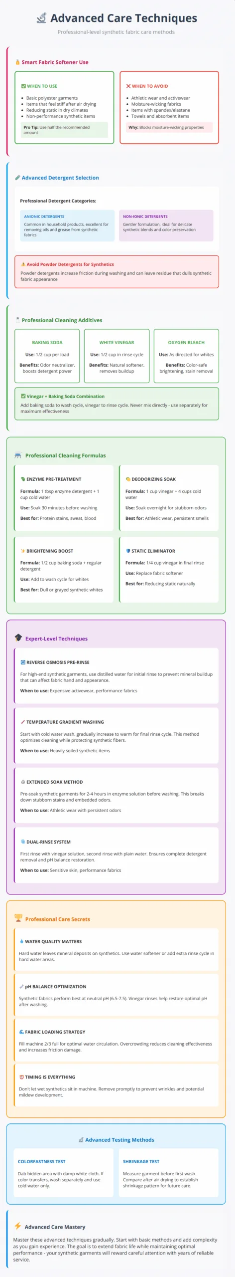 Advanced synthetic fabric care guide showing professional cleaning formulas, expert techniques, and specialized additives