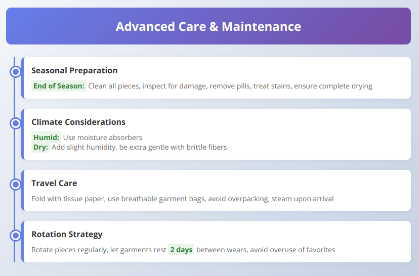 Timeline showing advanced cashmere care including seasonal preparation, climate considerations, travel care, and rotation strategies