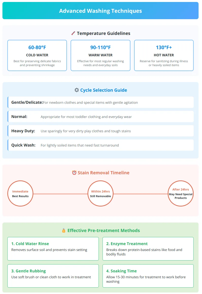 Advanced washing techniques chart showing temperature guidelines, cycle selection, and stain treatment methods