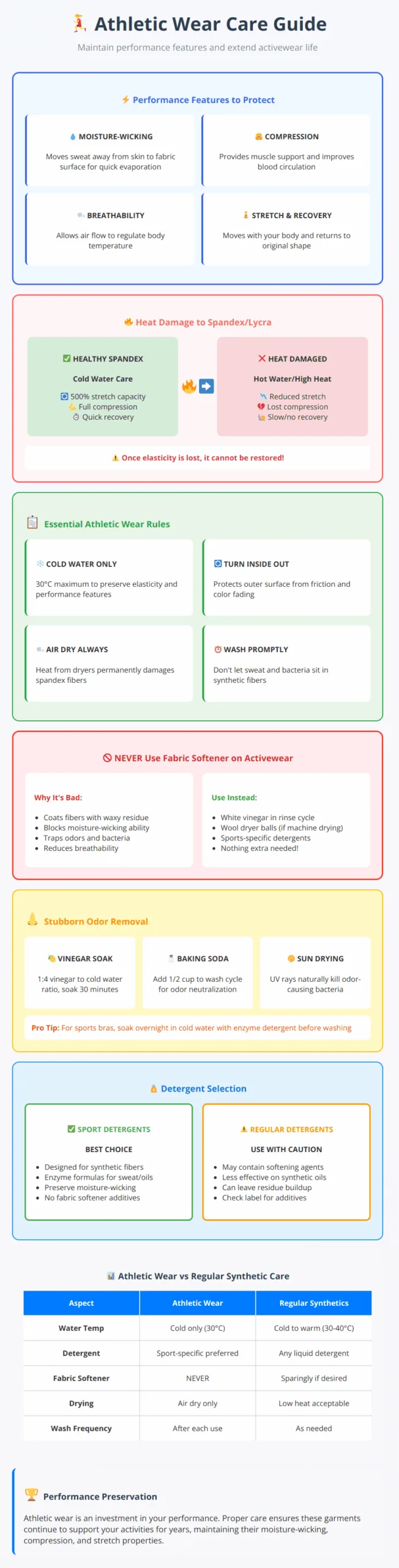 Athletic wear care guide showing elasticity preservation, odor removal methods, and performance feature protection
